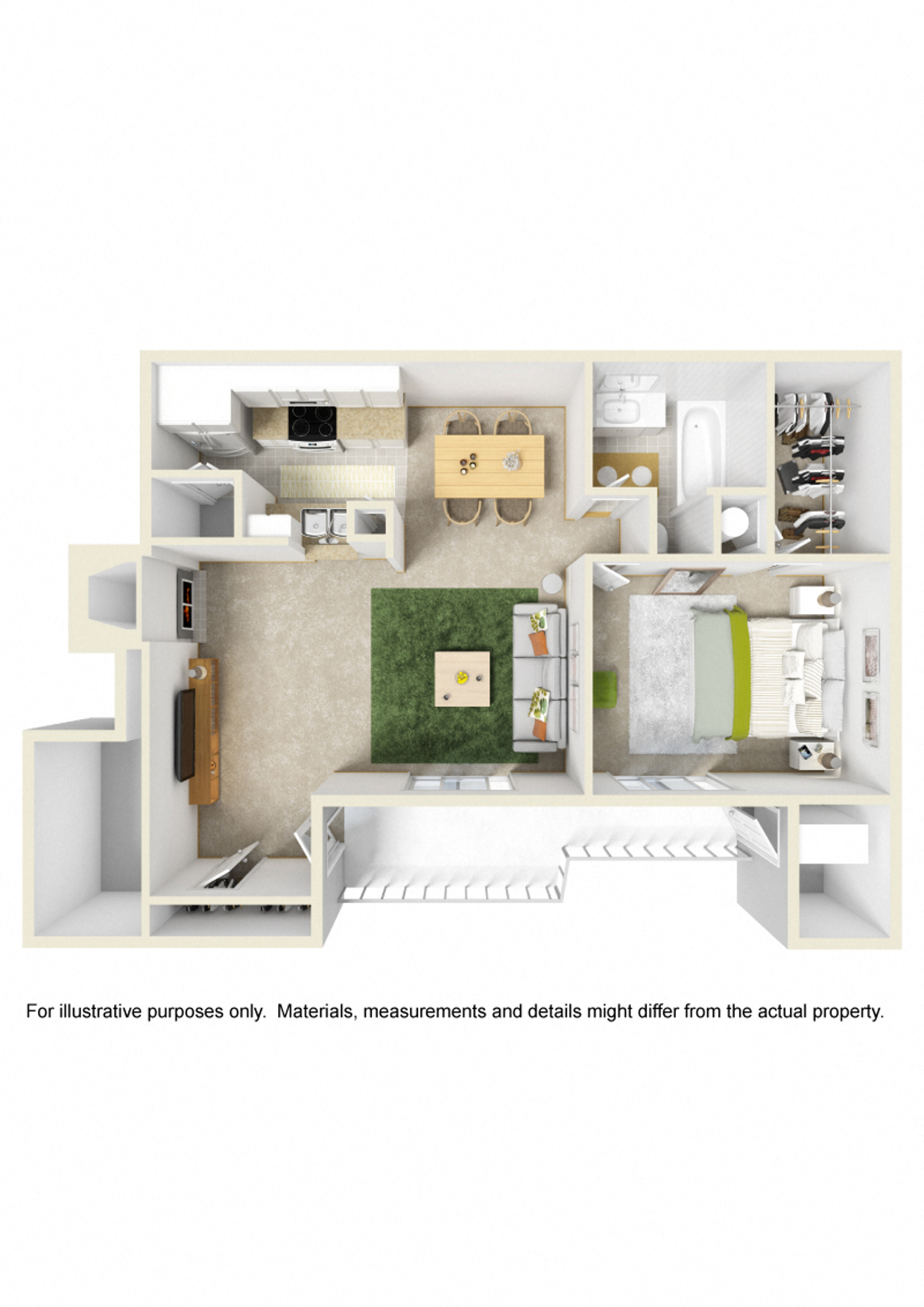 Floor plan for 1 bed, 1 bath, 770 sqft